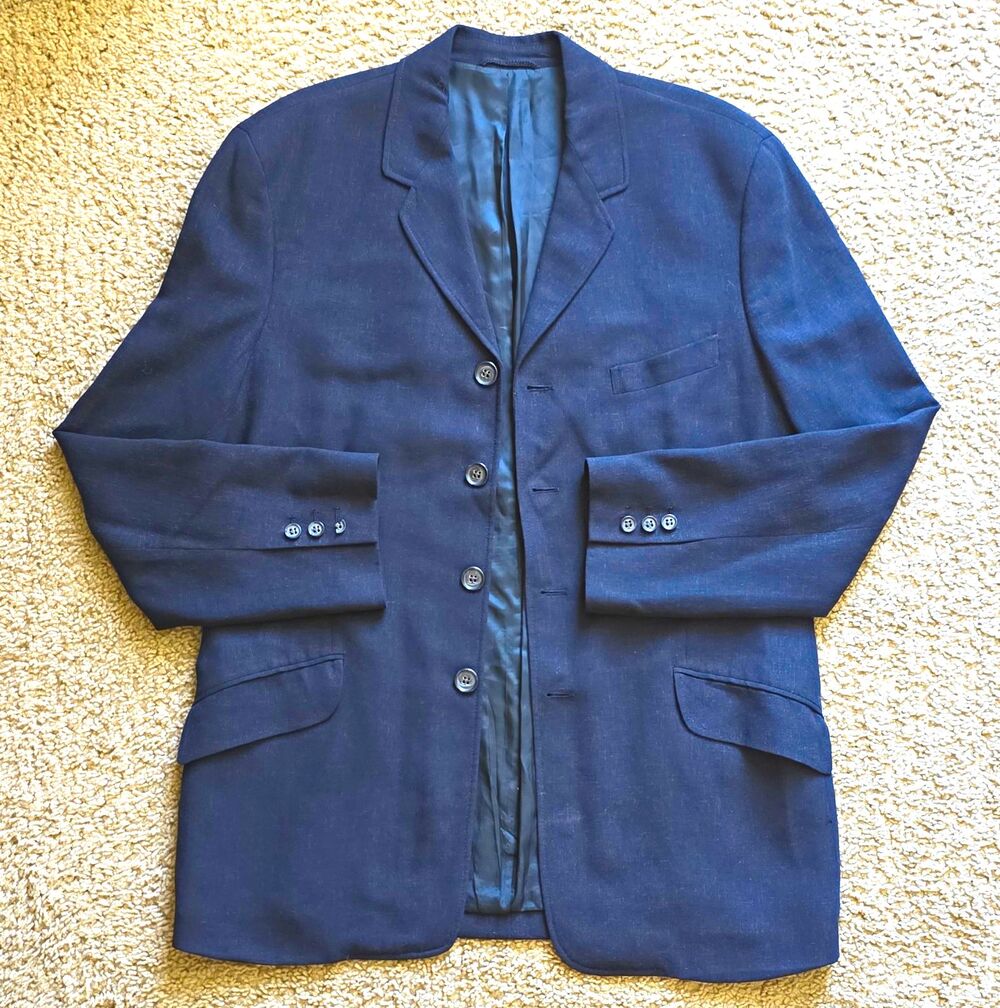 BOGF 40 Long Mens Blue Solid Twill Blazer Wool Linen Viscose 3-Button Notch
